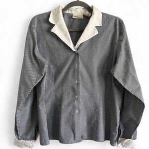 Worthington Women's White and Blue Blouse with Cotton Collar and Sleeve Cuffs